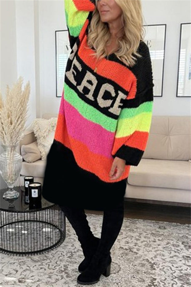 Color Block V-Neck Long Sleeve Sweater Dress - Femme Allure