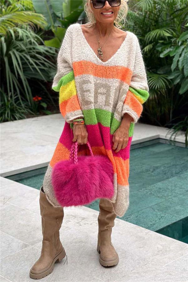 Color Block V-Neck Long Sleeve Sweater Dress - Femme Allure