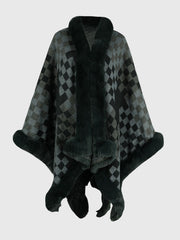 Checkered Faux Fur Trim Poncho - Femme Allure