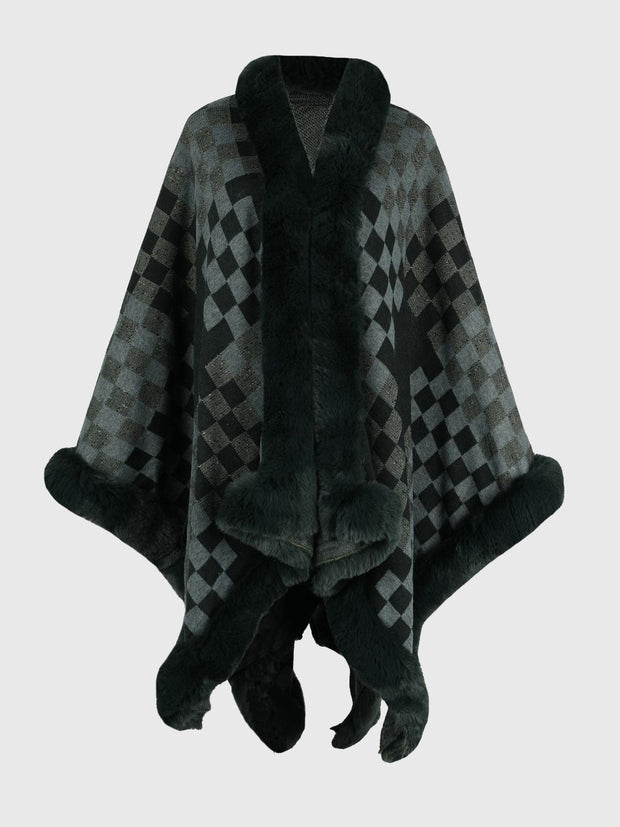 Checkered Faux Fur Trim Poncho - Femme Allure