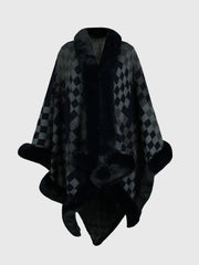 Checkered Faux Fur Trim Poncho - Femme Allure