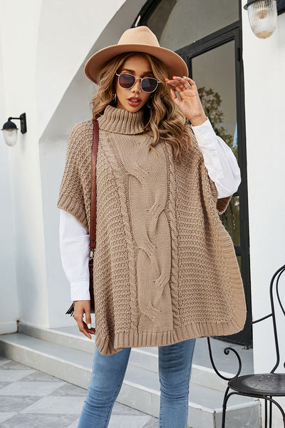 Cable-Knit Turtleneck Slit Sweater - Femme Allure
