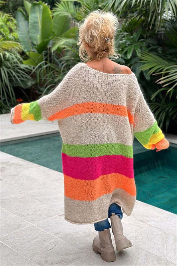 Color Block V-Neck Long Sleeve Sweater Dress - Femme Allure