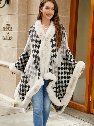 Checkered Faux Fur Trim Poncho - Femme Allure
