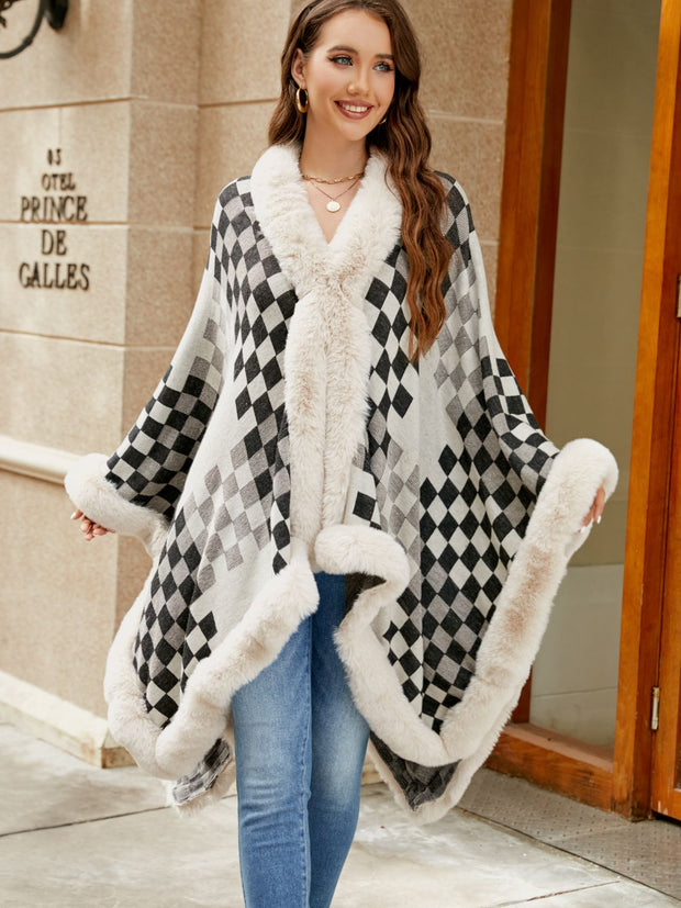 Checkered Faux Fur Trim Poncho - Femme Allure