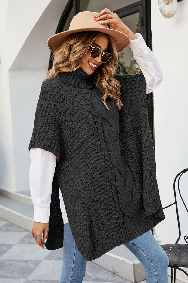 Cable-Knit Turtleneck Slit Sweater - Femme Allure