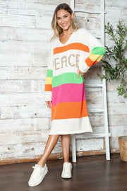 Color Block V-Neck Long Sleeve Sweater Dress - Femme Allure