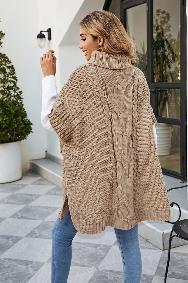 Cable-Knit Turtleneck Slit Sweater - Femme Allure