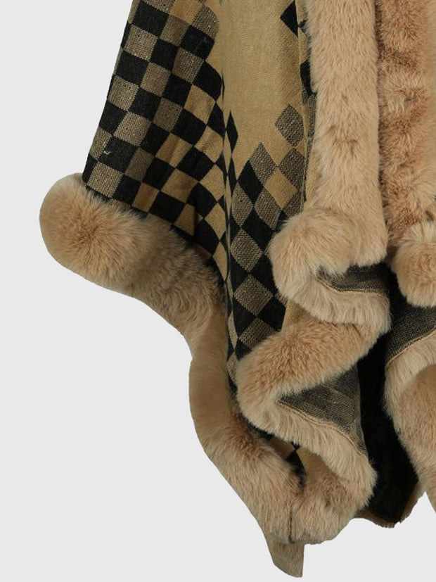 Checkered Faux Fur Trim Poncho - Femme Allure