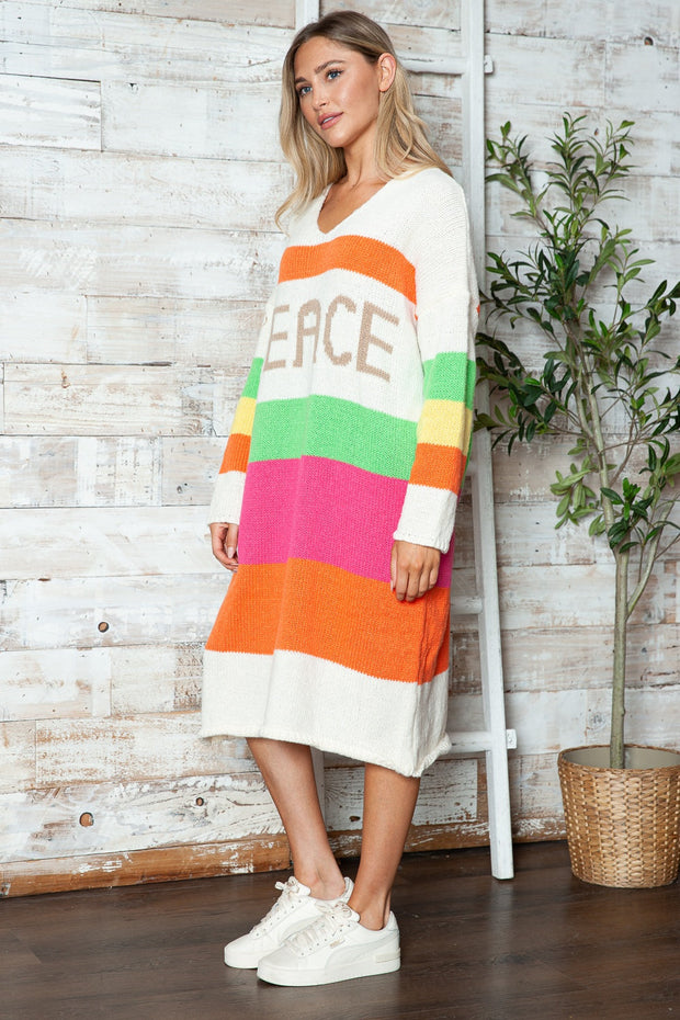 Color Block V-Neck Long Sleeve Sweater Dress - Femme Allure
