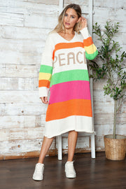 Color Block V-Neck Long Sleeve Sweater Dress - Femme Allure