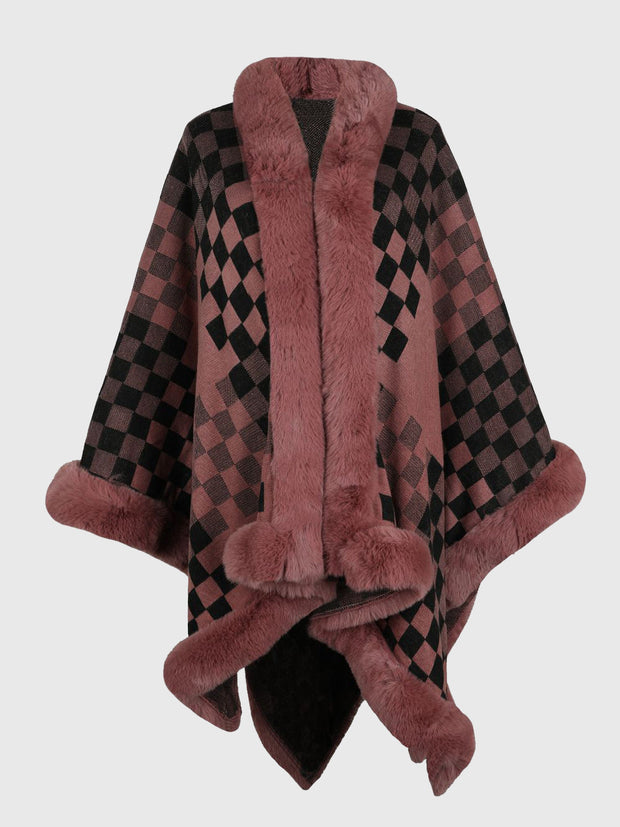 Checkered Faux Fur Trim Poncho - Femme Allure