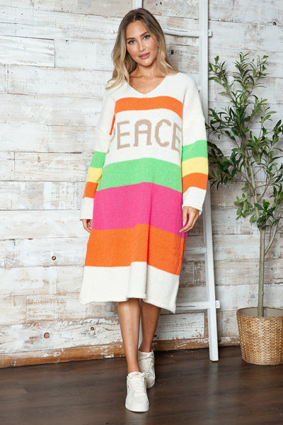 Color Block V-Neck Long Sleeve Sweater Dress - Femme Allure