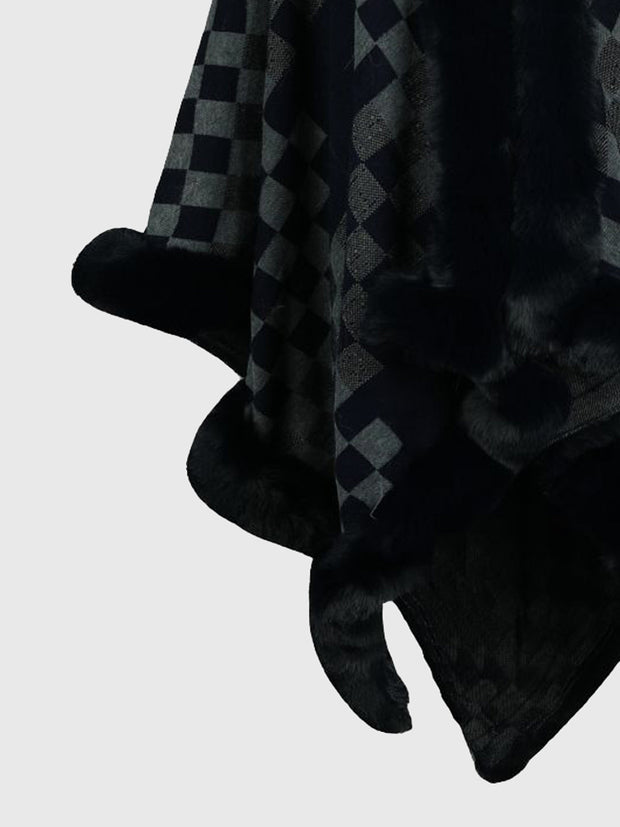 Checkered Faux Fur Trim Poncho - Femme Allure