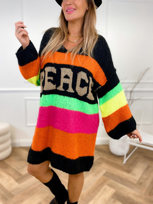 Color Block V-Neck Long Sleeve Sweater Dress - Femme Allure
