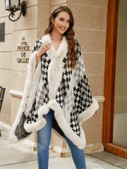 Checkered Faux Fur Trim Poncho - Femme Allure