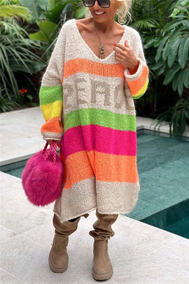 Color Block V-Neck Long Sleeve Sweater Dress - Femme Allure