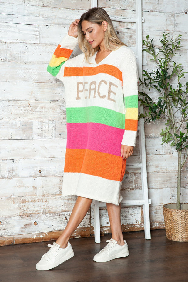Color Block V-Neck Long Sleeve Sweater Dress - Femme Allure