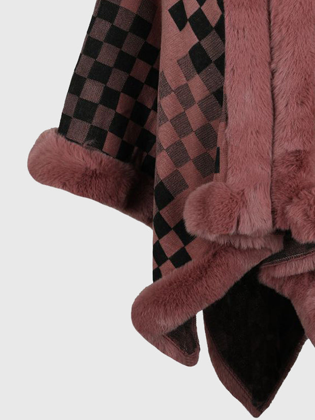 Checkered Faux Fur Trim Poncho - Femme Allure