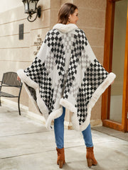 Checkered Faux Fur Trim Poncho - Femme Allure