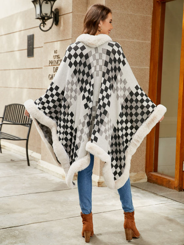 Checkered Faux Fur Trim Poncho - Femme Allure