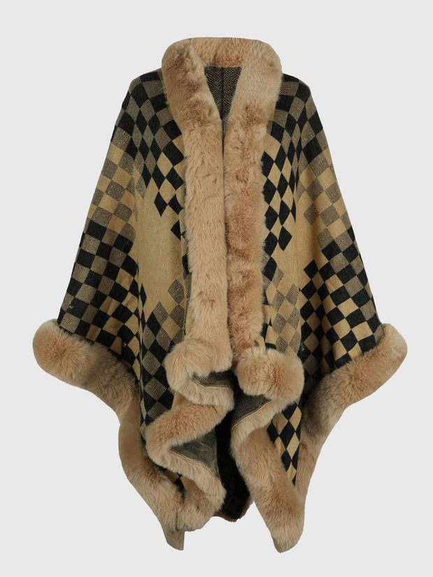 Checkered Faux Fur Trim Poncho - Femme Allure