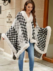 Checkered Faux Fur Trim Poncho - Femme Allure