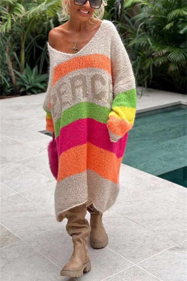 Color Block V-Neck Long Sleeve Sweater Dress - Femme Allure