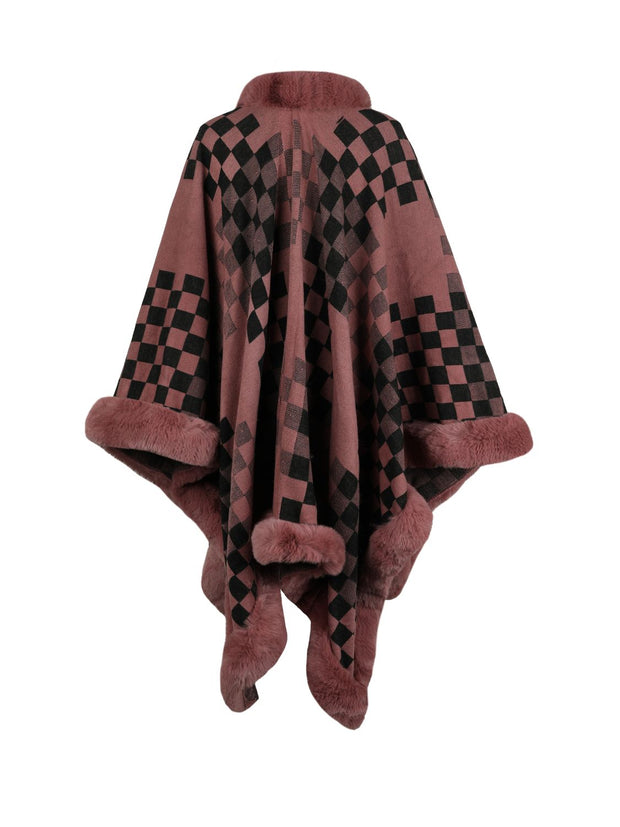 Checkered Faux Fur Trim Poncho - Femme Allure