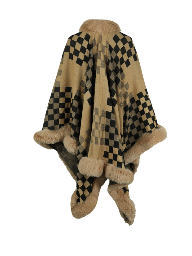 Checkered Faux Fur Trim Poncho - Femme Allure