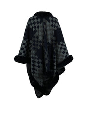 Checkered Faux Fur Trim Poncho - Femme Allure