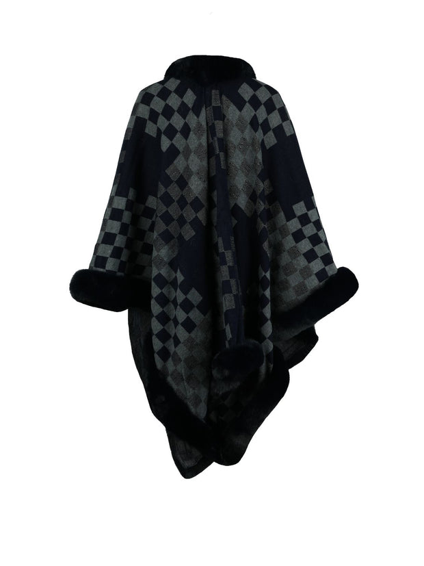 Checkered Faux Fur Trim Poncho - Femme Allure