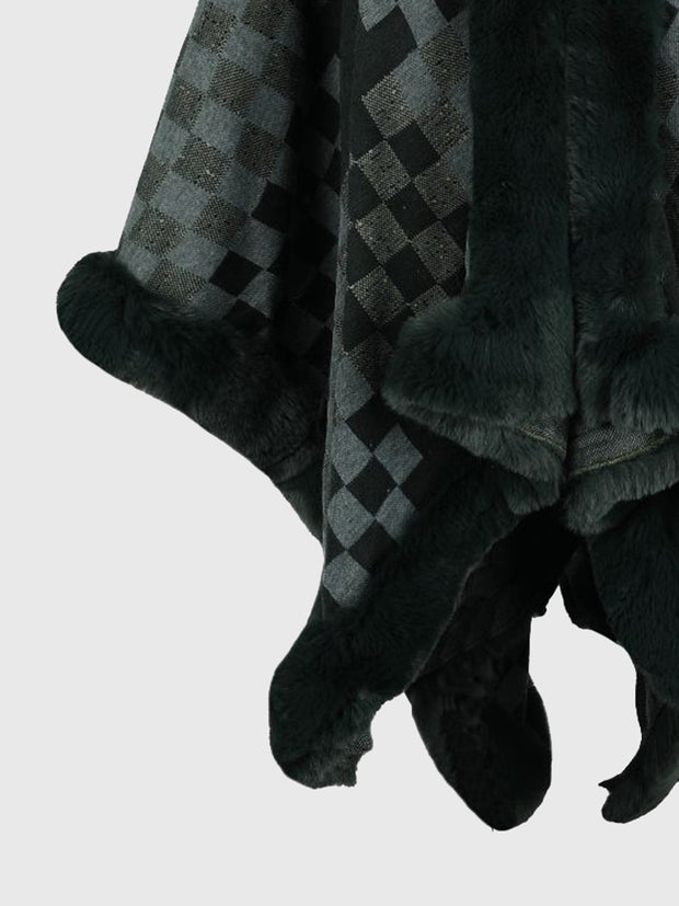 Checkered Faux Fur Trim Poncho - Femme Allure