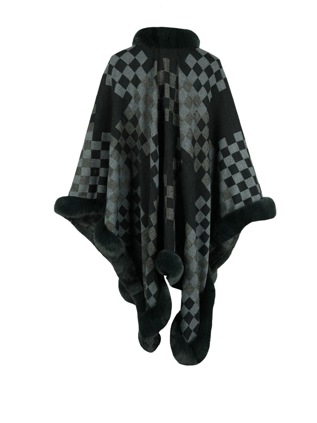 Checkered Faux Fur Trim Poncho - Femme Allure