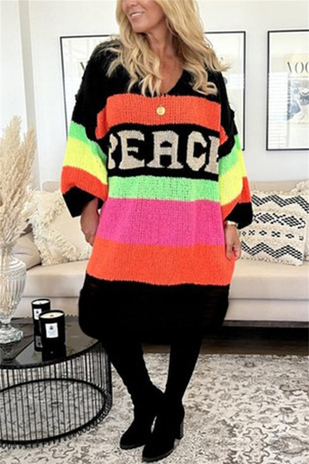 Color Block V-Neck Long Sleeve Sweater Dress - Femme Allure